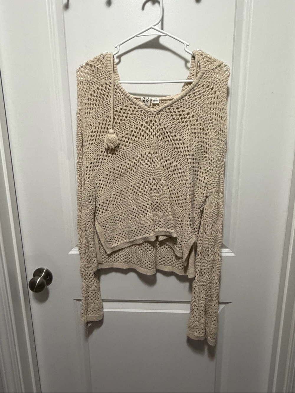 Roxy Cream Crochet V-Neck Hooded Sweater